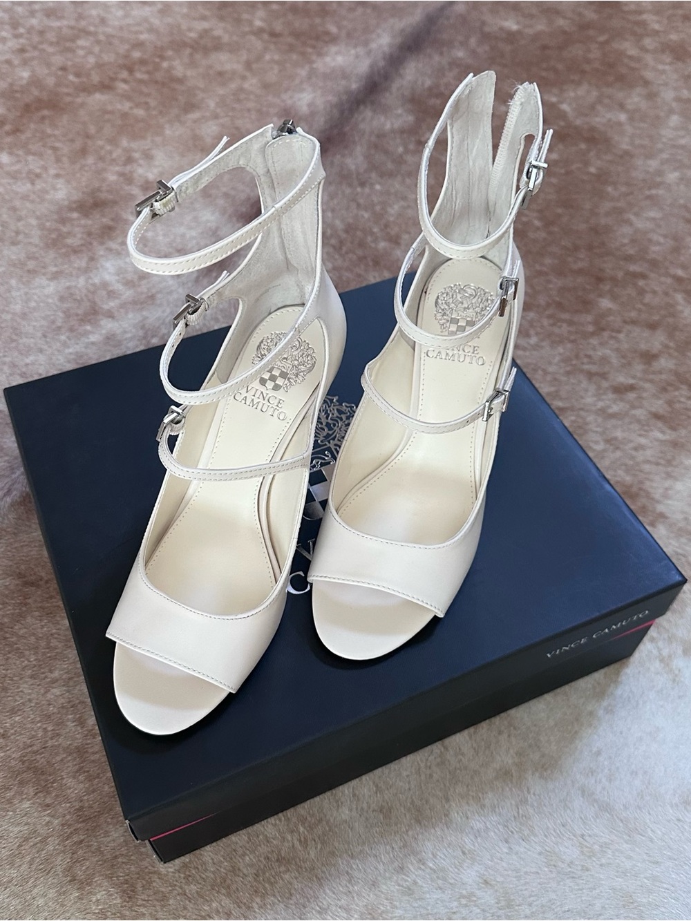 Vince Camuto Cream Multi-Strap Ankle Wrap Heels